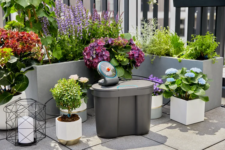 Solution d'arrosage automatique solaire AquaBloom avec réserve d'eau