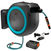 Dévidoir automatique mural sur batterie PowerRoll XXL, tuyau de 40 m - Kit prêt à l'emploi avec batterie. Dévidoir automatique mural sur batterie PowerRoll XXL 40/18V P4A, tuyau de 40 m, bleu turquoise - Kit prêt à l'emploi avec batterie.