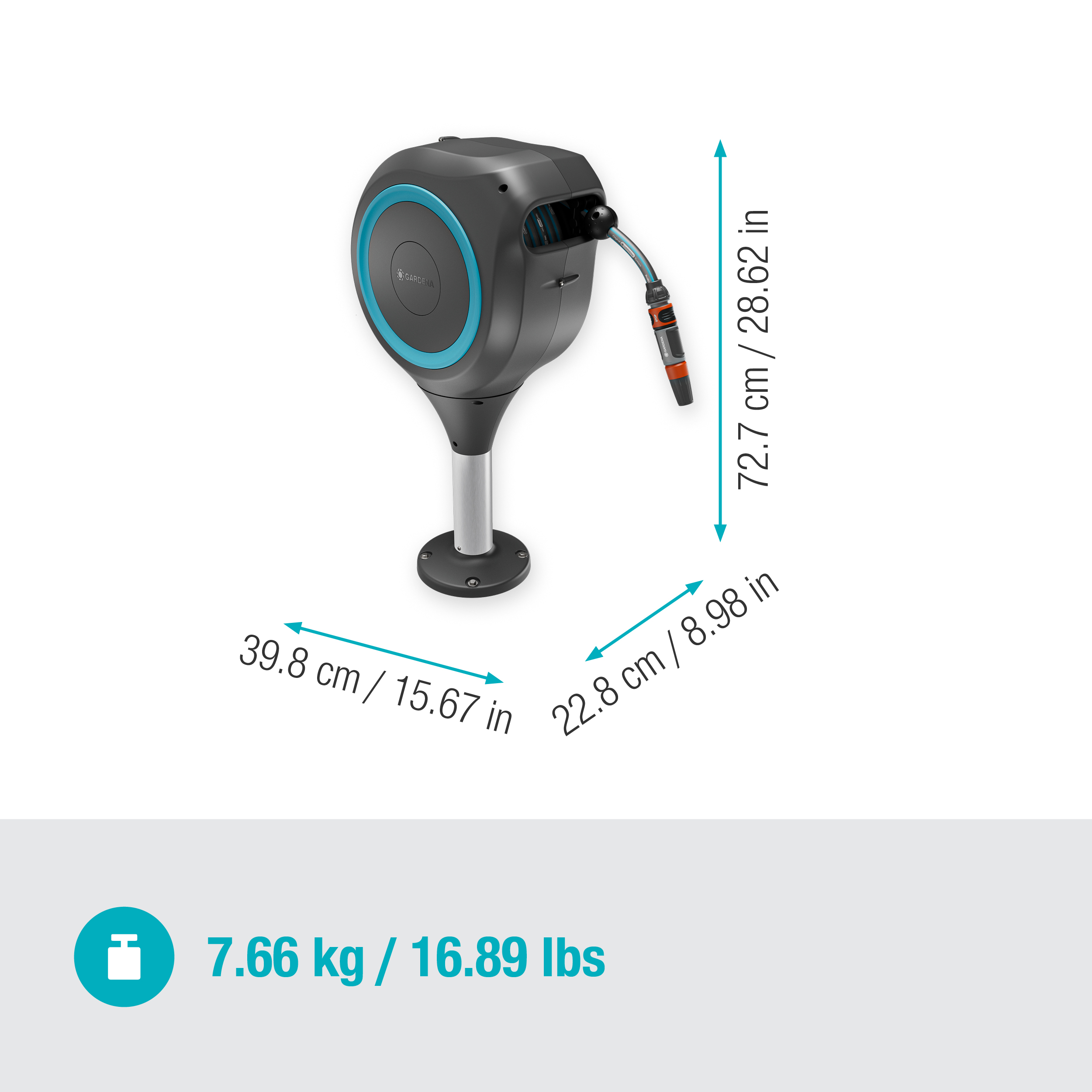 Terasos žarnos ritė "RollUp" S, 15 m ilgio žarna, turkio spalvos