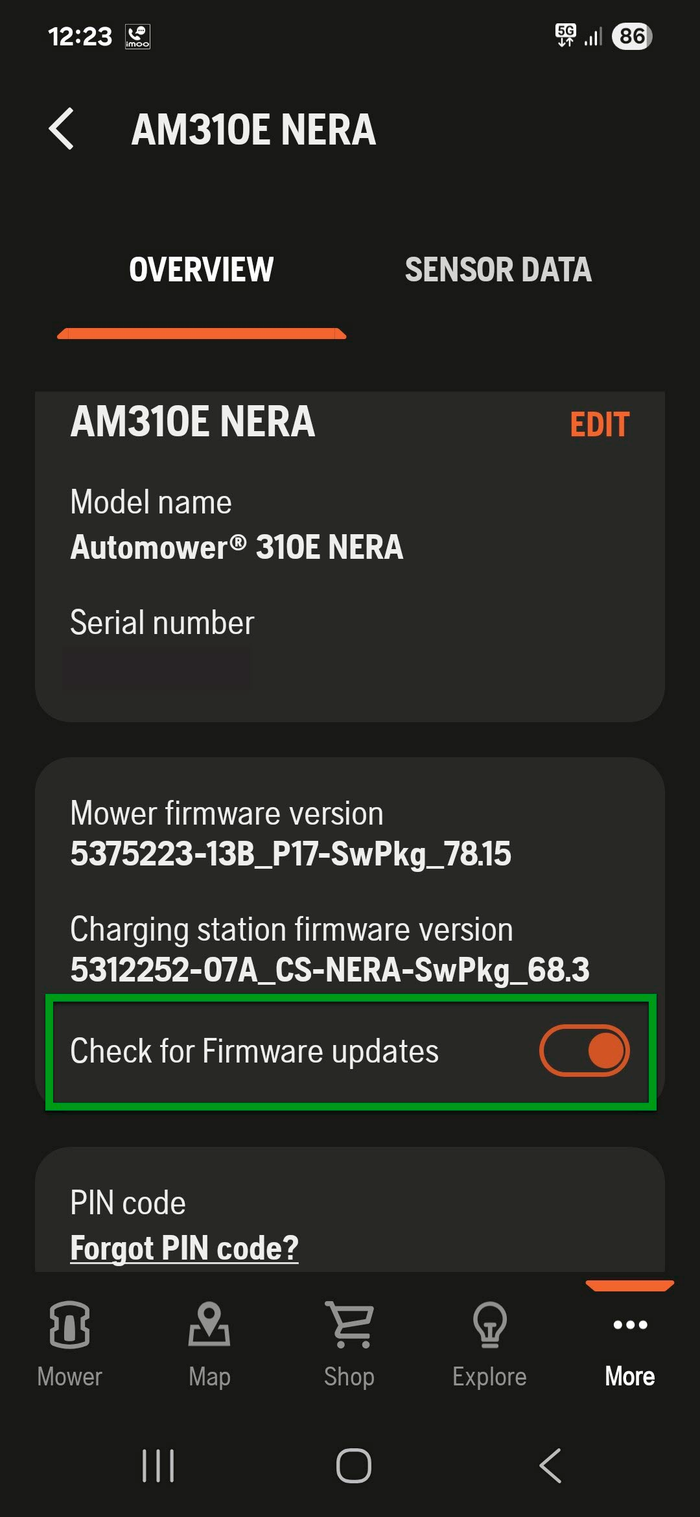 Screenshot mit den Firmware-Aktualisierungseinstellungen in der App