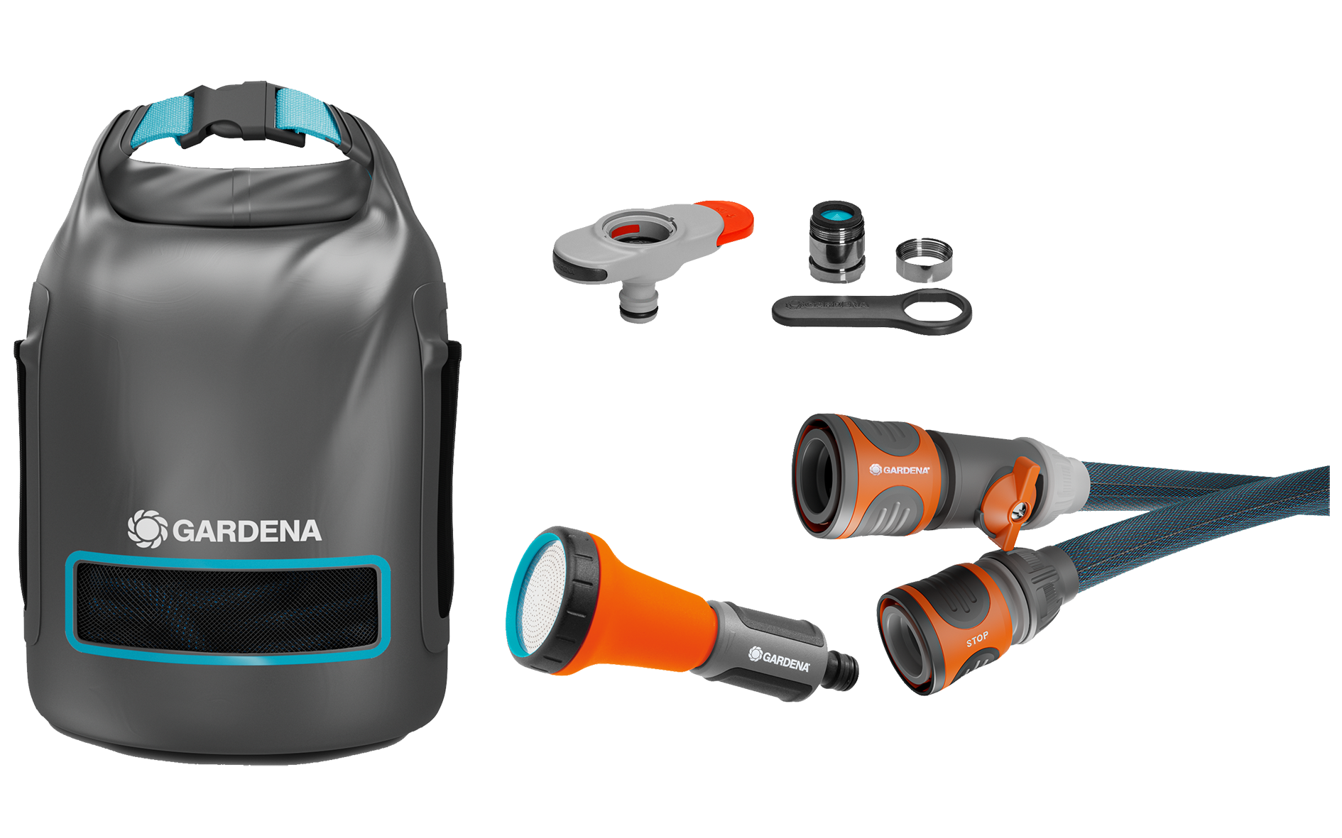 Tekstilinės žarnos Liano&trade; 10 m rinkinys su čiaupų jungtimi vidaus čiaupams ir laikymo mai&scaron;eliu