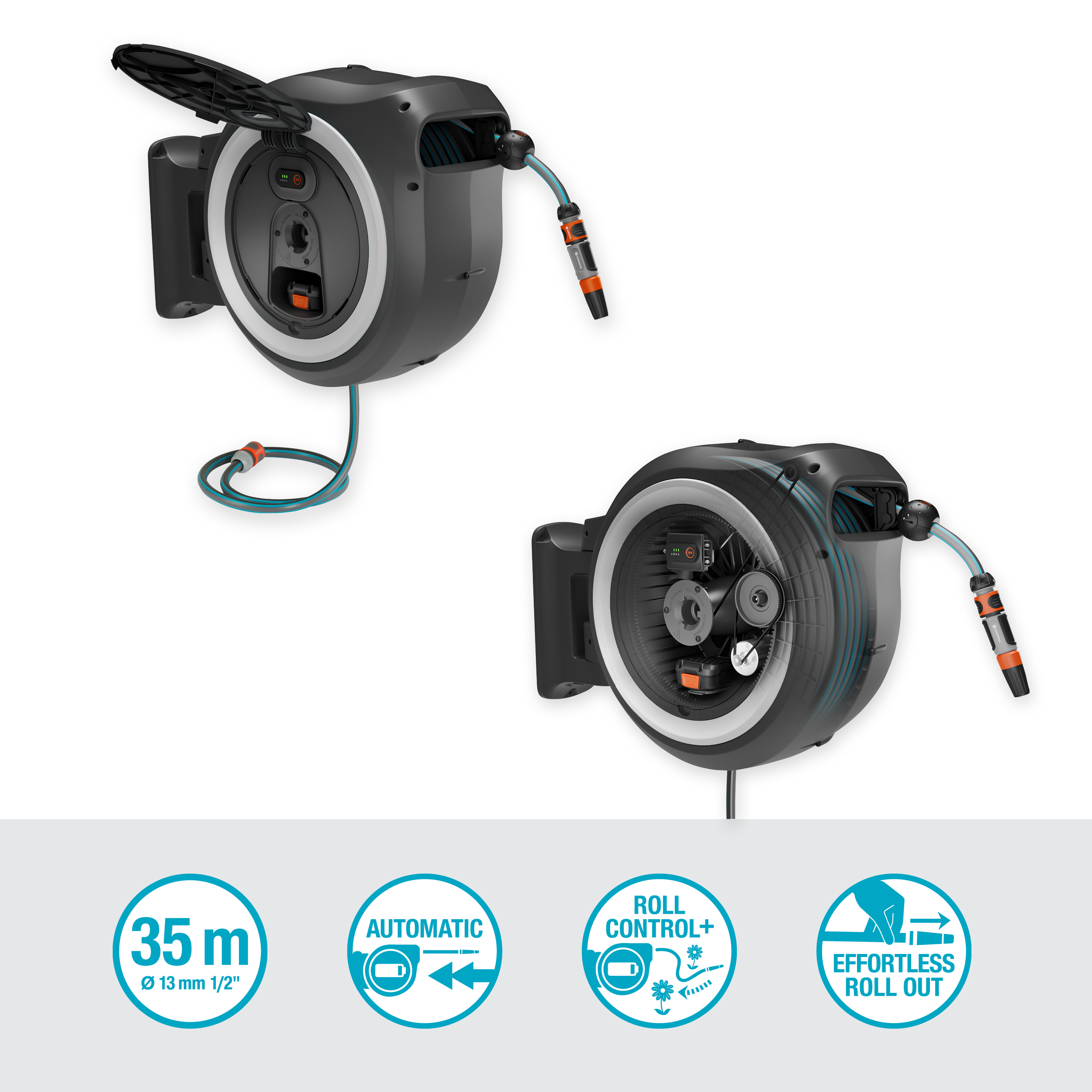 Akumuliatorinė sieninė žarnos ritė "PowerRoll" XL, paruo&scaron;tas naudojimui rinkinys