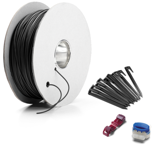 Komponenten des Automower® Installations-Kits einschließlich Schleifenkabel, Haken, Anschlussklemmen und Verbinder