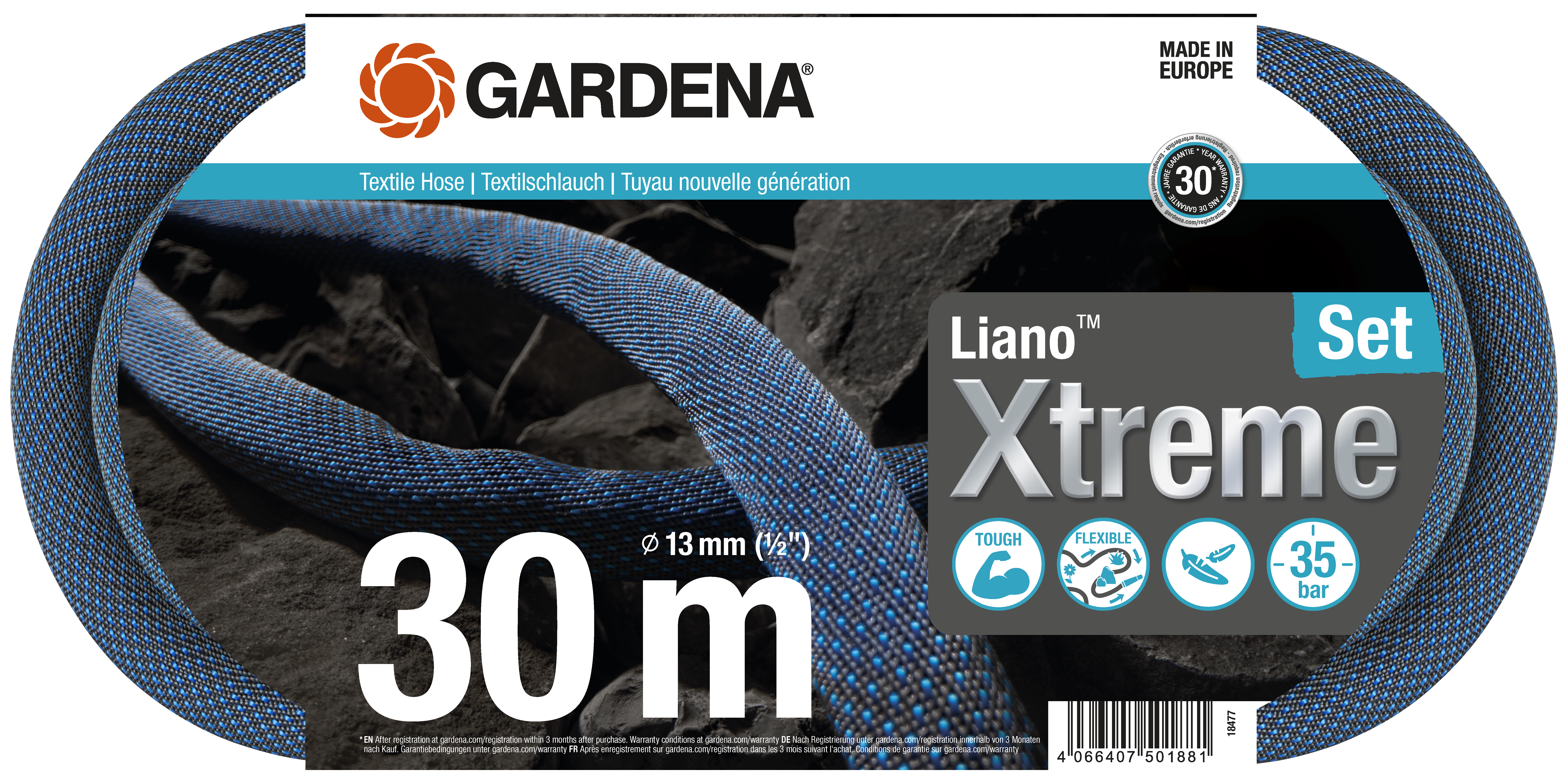 Tekstiilvoolik Liano&trade; Xtreme 30m, 1/2 liitmikega komplekt 18225/18220