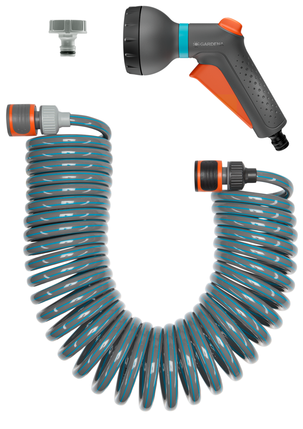 Coiled garden hose with quick connectors, spray gun and tap adapter, studio front view.