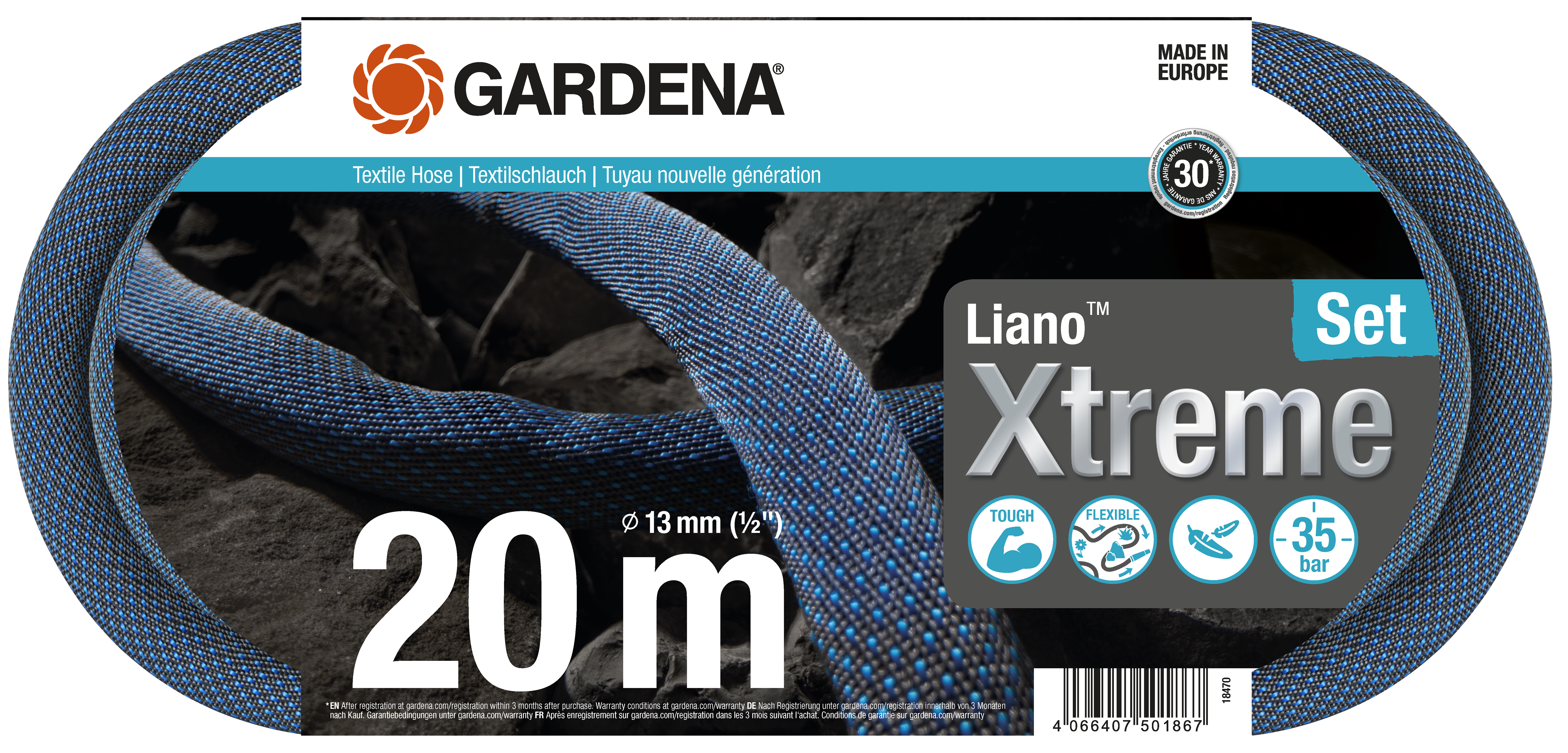 Tekstiilvoolik Liano&trade; Xtreme 20m, 1/2 liitmikega komplekt 18225/18220