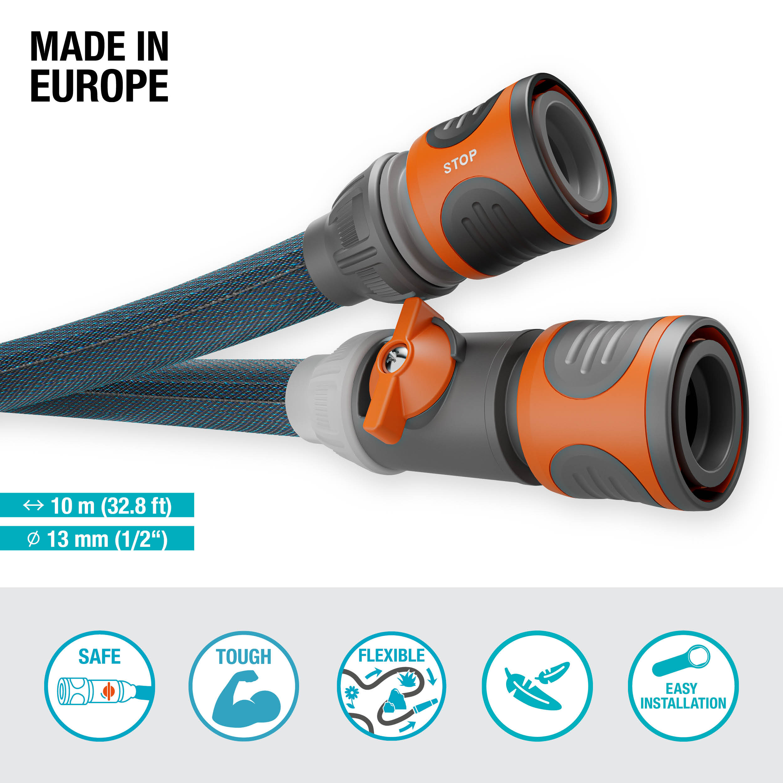 Tekstilinės žarnos Liano&trade; 10 m su čiaupų jungtimi vidaus čiaupams rinkinys