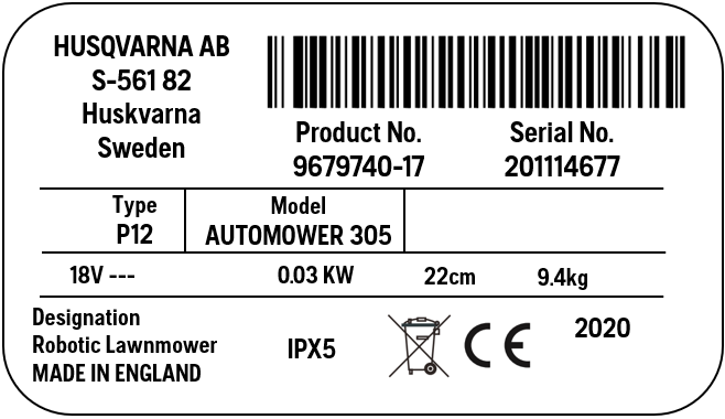 Esempio di targhetta di un prodotto Automower, che riporta il numero di serie e il numero di prodotto.