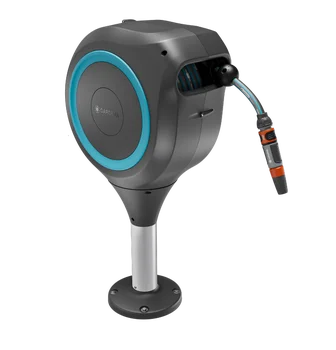 Dévidoir automatique pour terrasse RollUp S, tuyau de 15 m, bleu turquoise, enroulement automatique.
