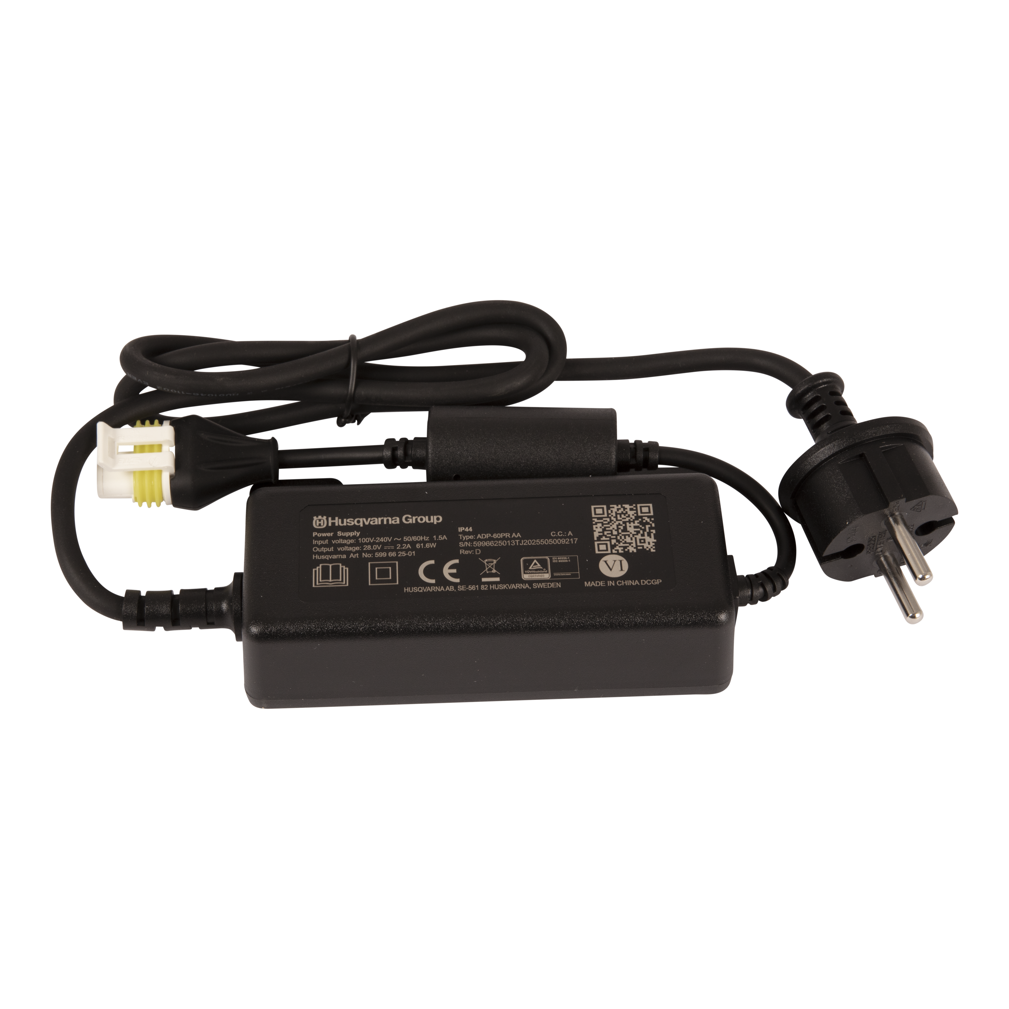 Front view of a Husqvarna Group power supply adapter with EU plug and proprietary connector.