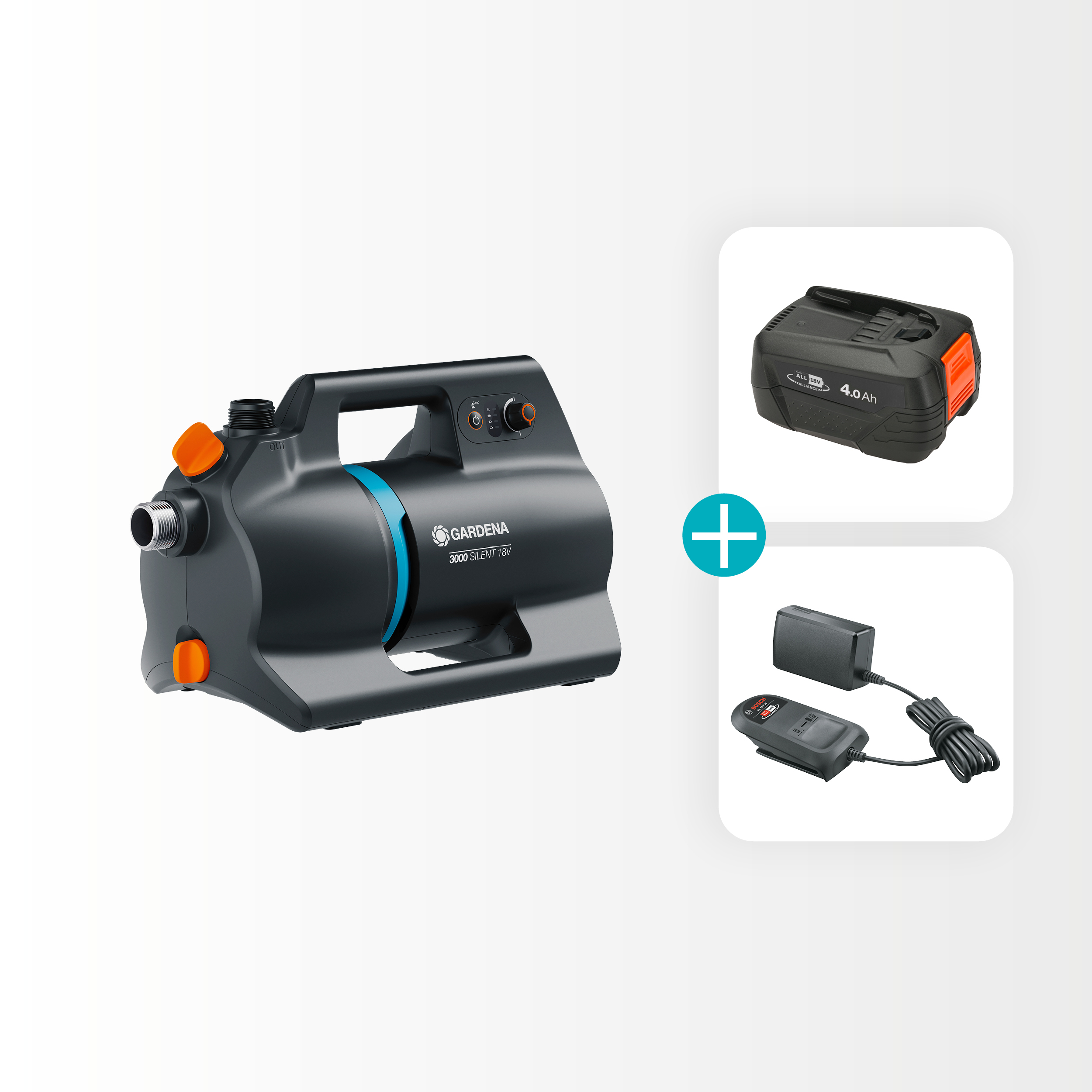 Pompa da Giardino a Batteria 3000 Silent 18V P4A Set pronto all'uso, Pompe