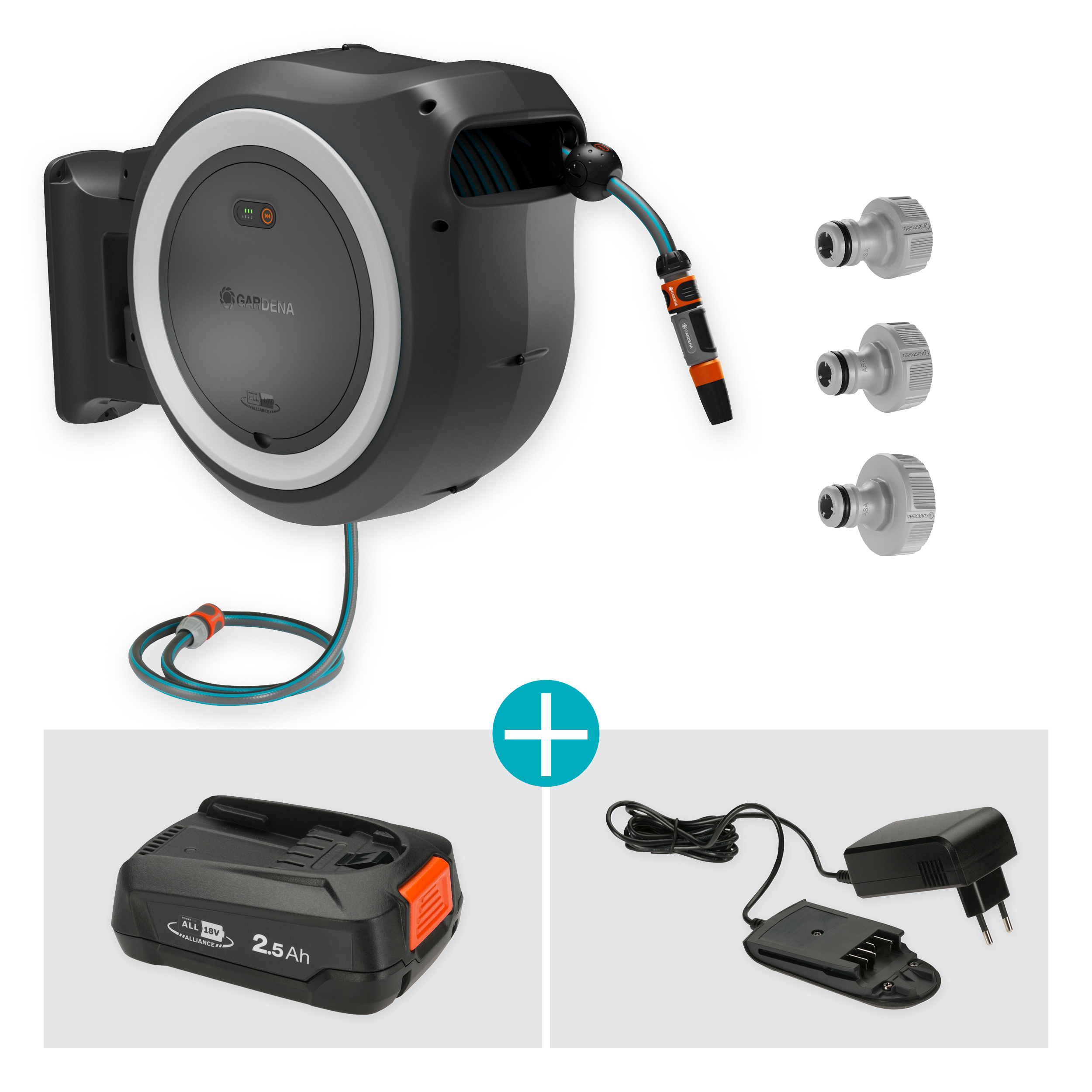 Akumuliatorinė sieninė žarnos ritė "PowerRoll" XL, paruo&scaron;tas naudojimui rinkinys