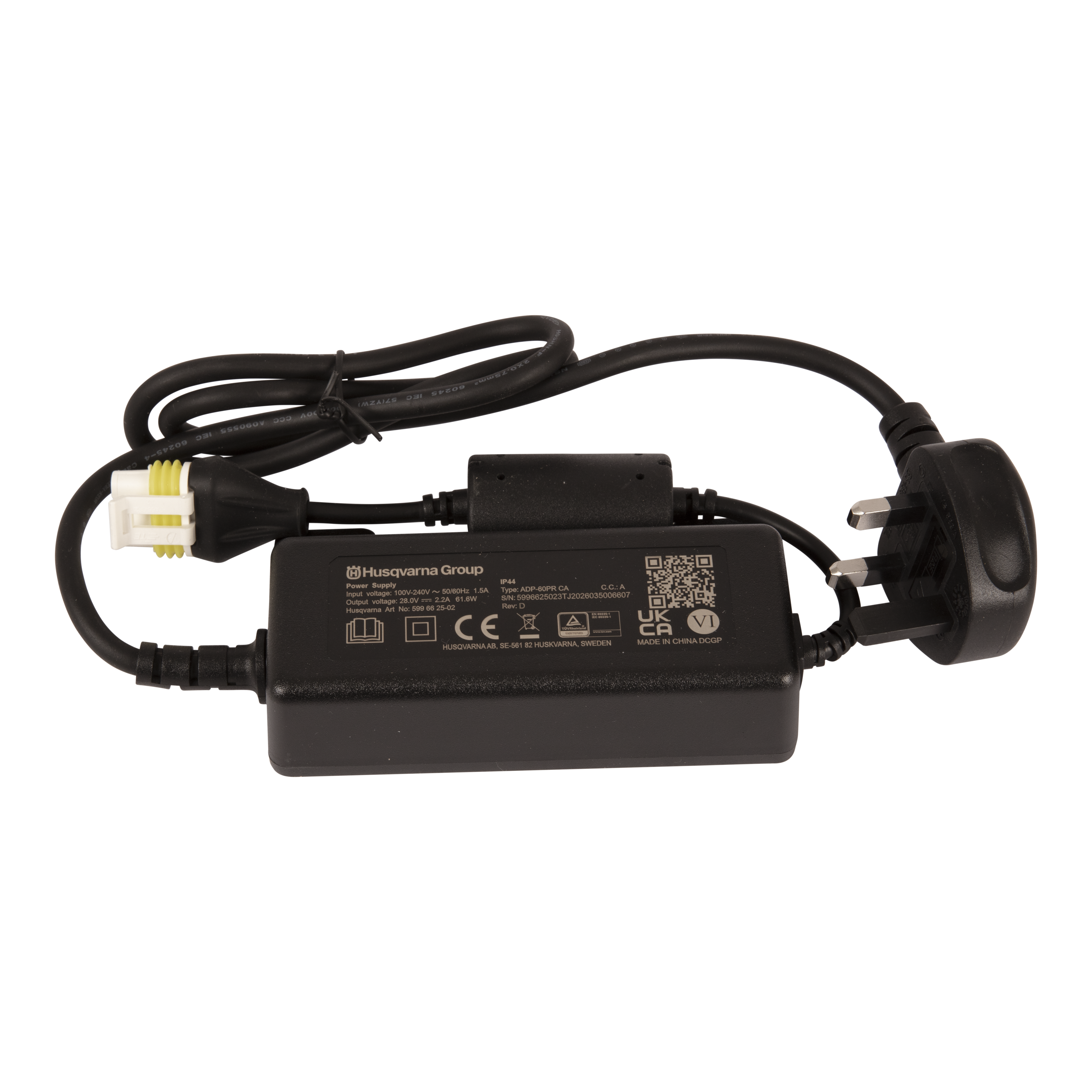 Top view of a Husqvarna power adapter with UK plug and multi-pin connector.