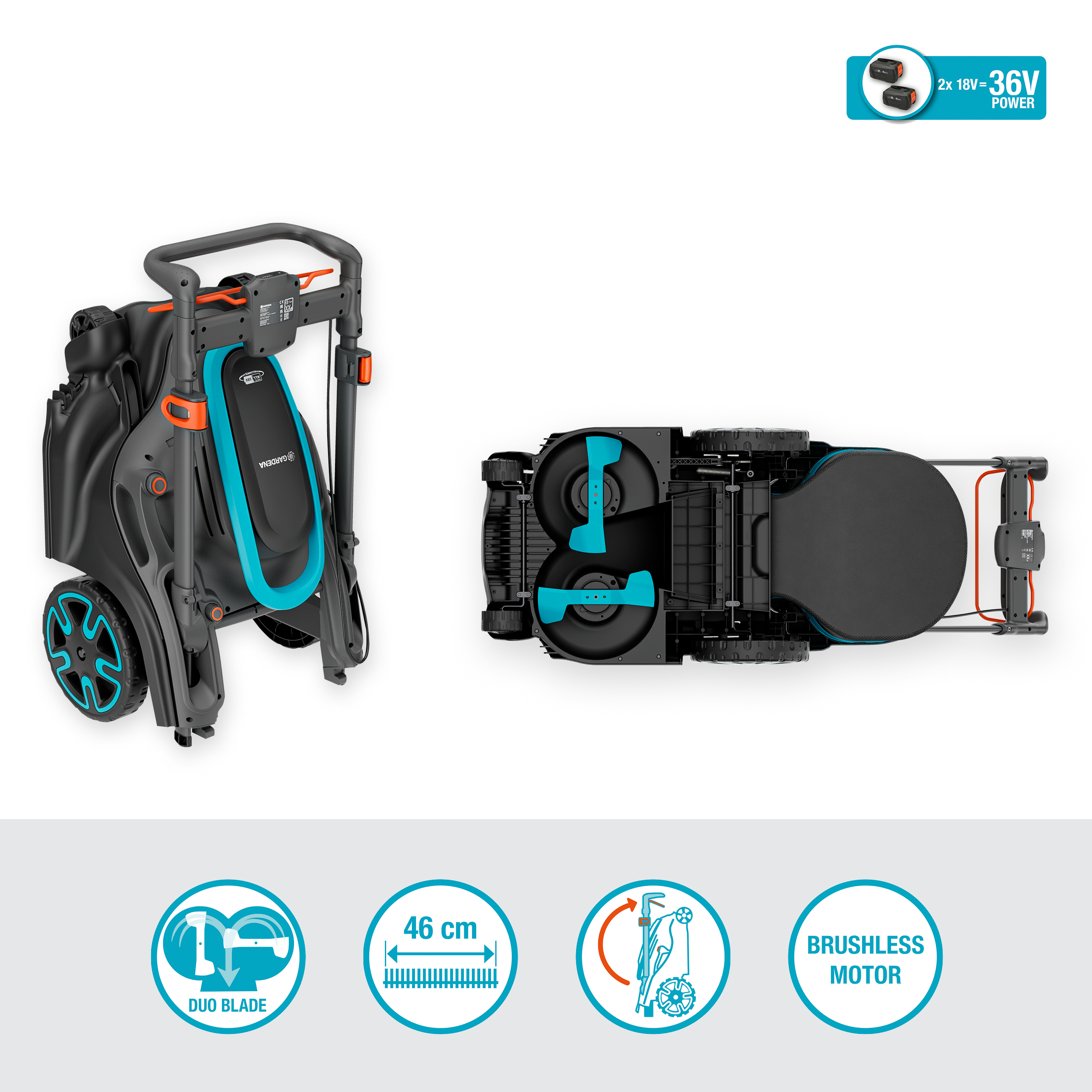 PowerMax Duo 46/36V v&yacute;konn&aacute; sekačka na tr&aacute;vu se dvěma žac&iacute;mi kotouči s akumul&aacute;torem P4A