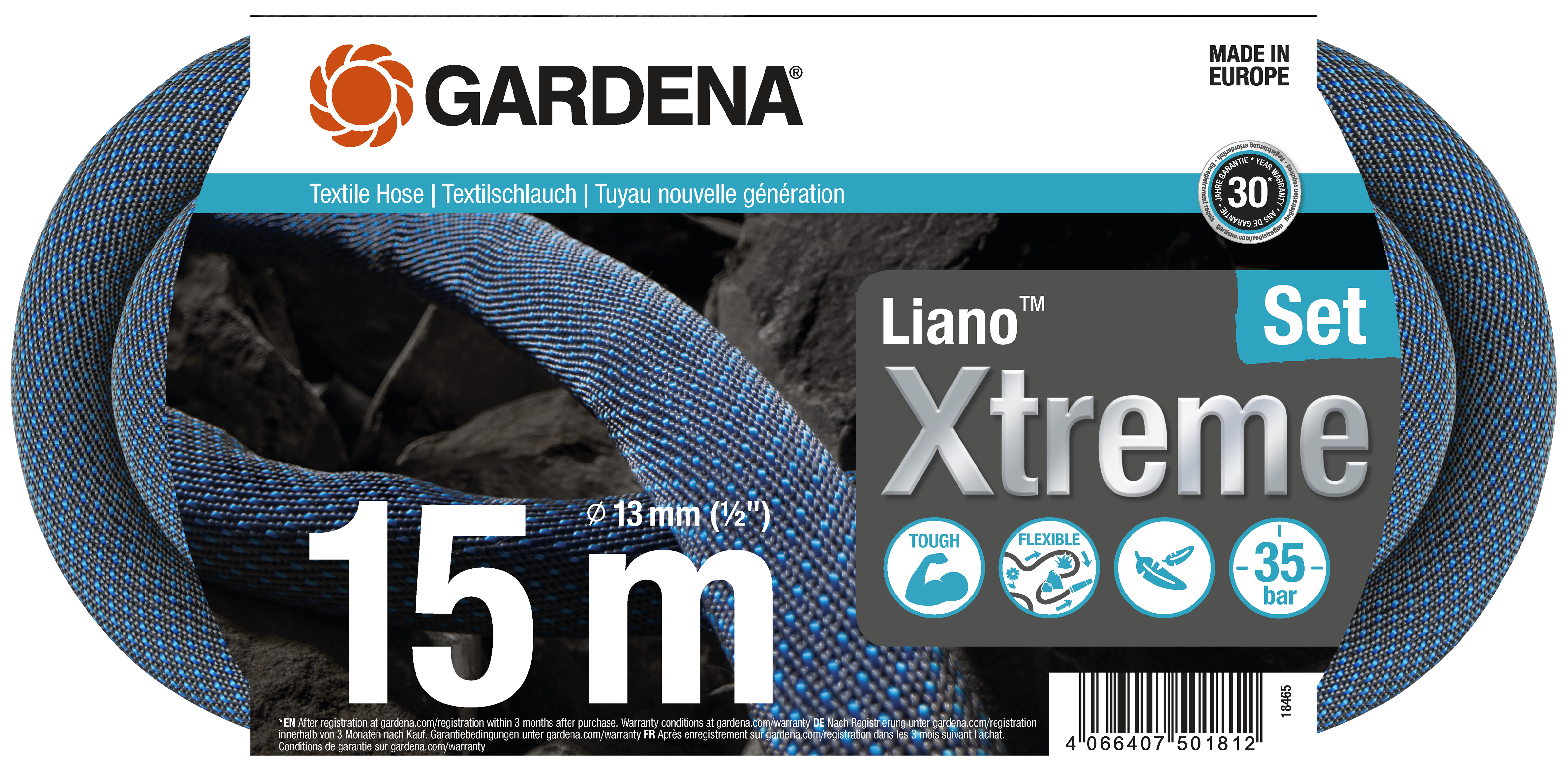 Tekstiilvoolik Liano&trade; Xtreme 15m, 1/2 liitmikega komplekt 18225/18220