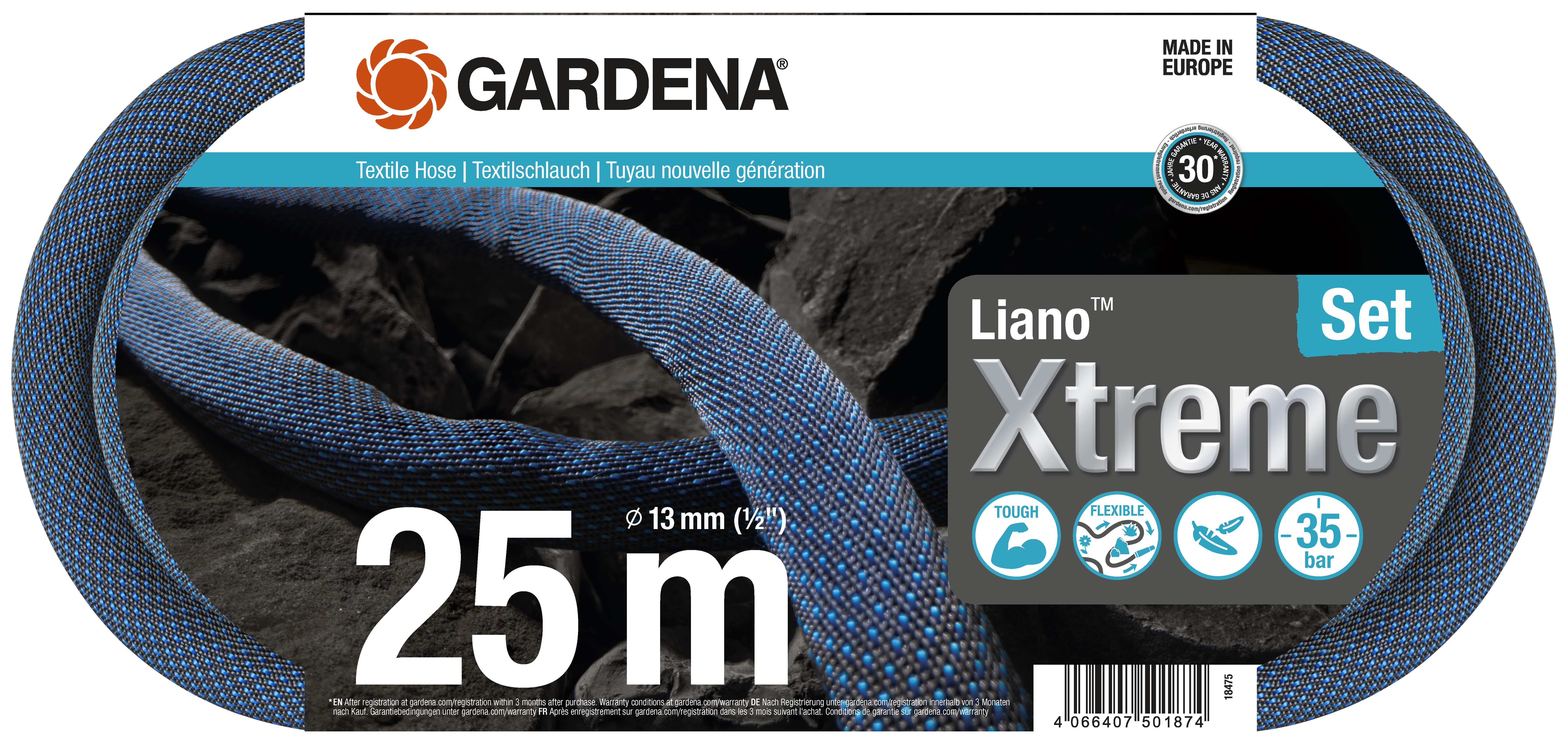 Tekstiilvoolik Liano&trade; Xtreme 25m, 1/2 liitmikega komplekt 18225/18220