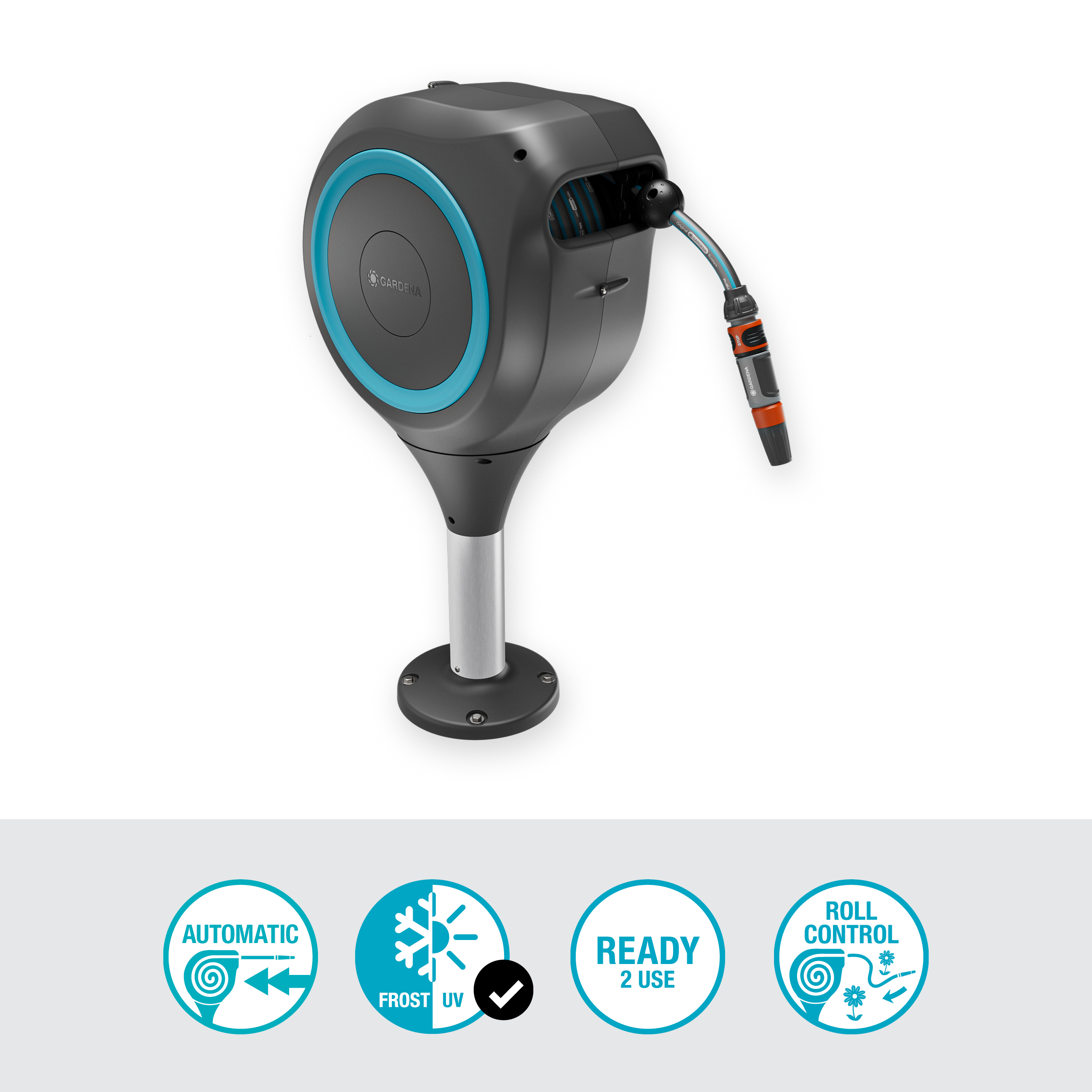 Terasos žarnos ritė "RollUp" S, 15 m ilgio žarna, turkio spalvos