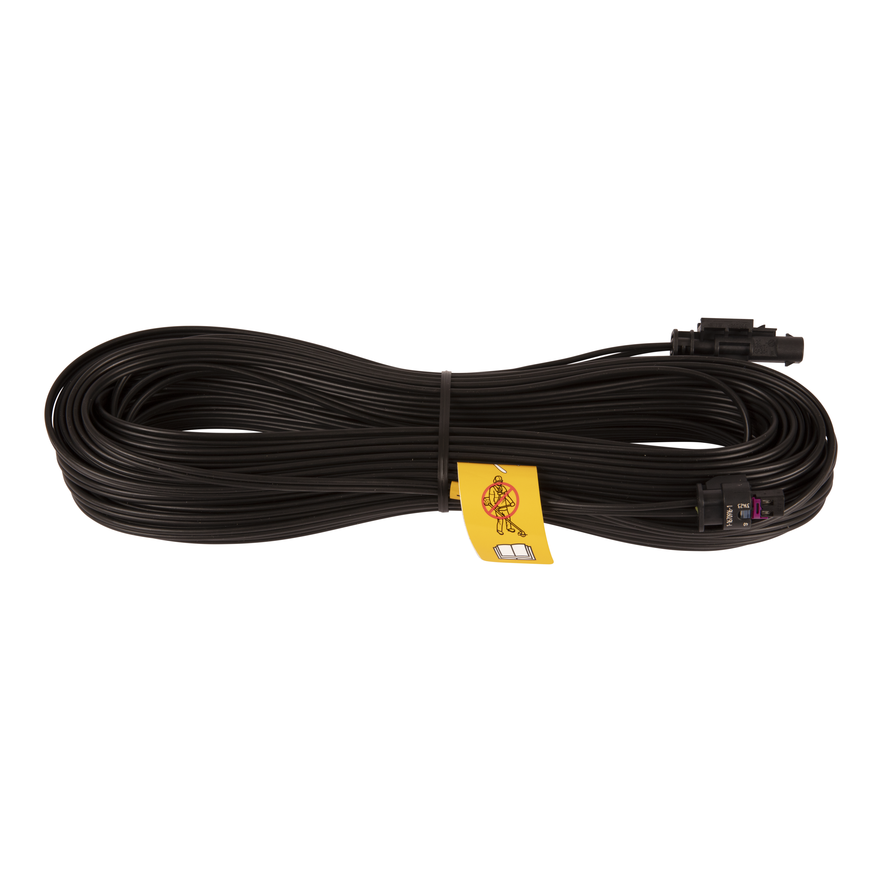 Coiled cable with two plug connectors and a small tag, studio product shot.