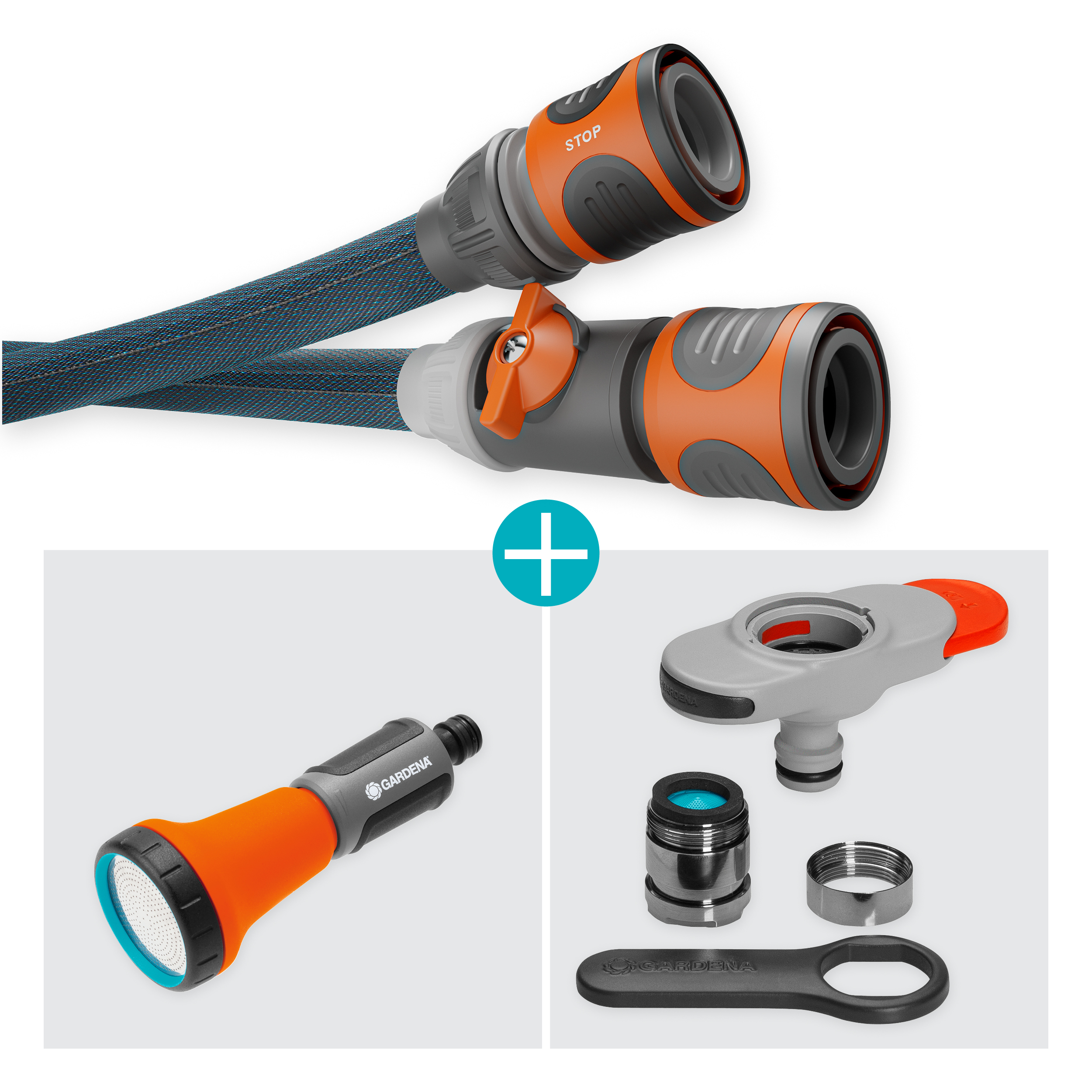 Tekstilinės žarnos Liano&trade; 10 m su čiaupų jungtimi vidaus čiaupams rinkinys