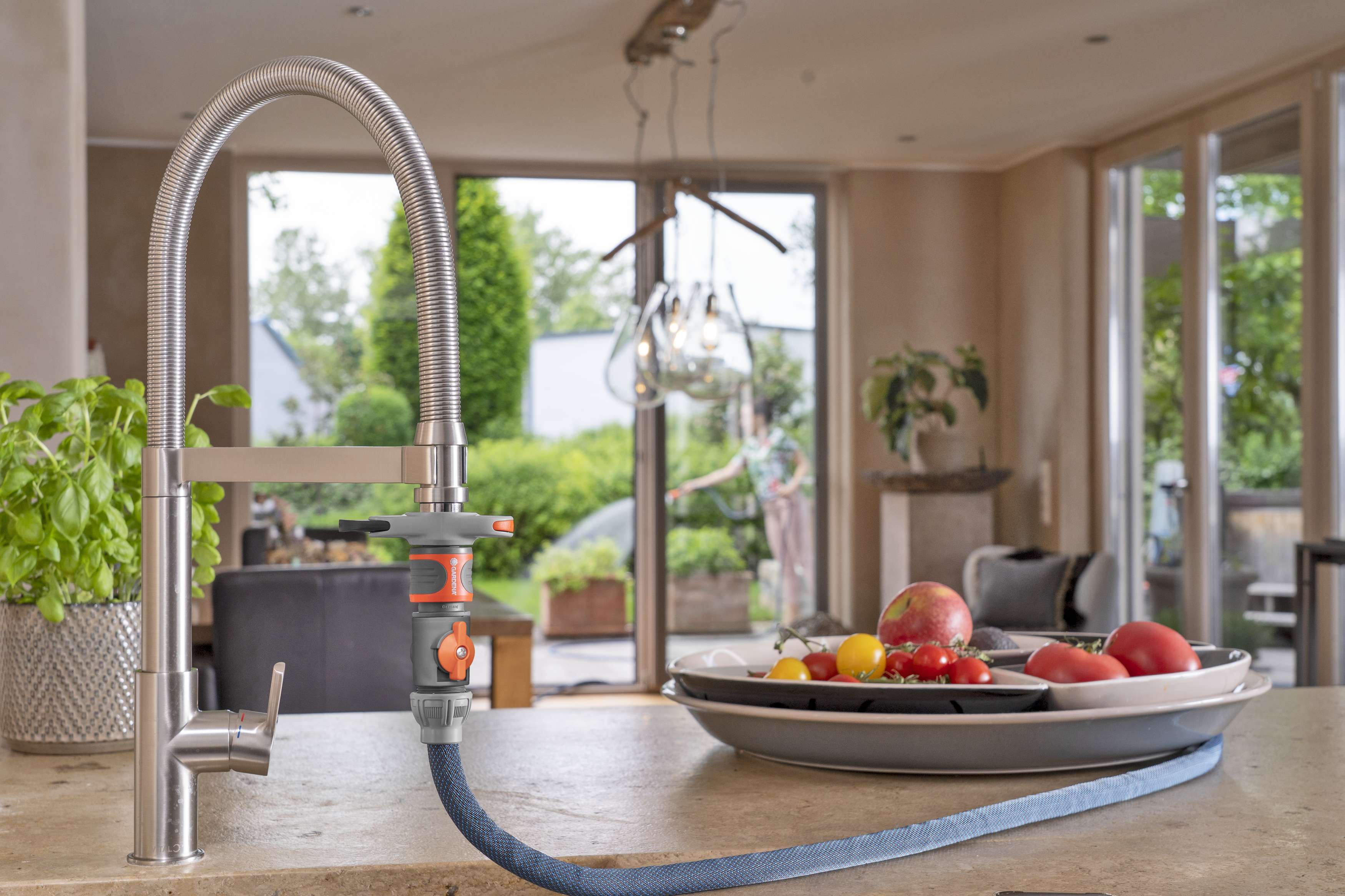 Tekstilinės žarnos Liano&trade; 10 m su čiaupų jungtimi vidaus čiaupams rinkinys